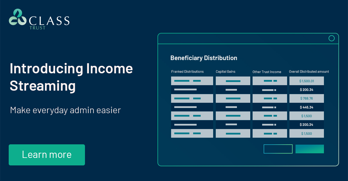 Class_Pty_Ltd's tweet photo. Get ready to say goodbye to another #excel #workpaper. With our new Income Streaming feature in Class Trust, it's never been easier to efficiently distribute different class' of income in accordance with your #trust #resolution process. Discover how: https://t.co/3e9eE4HgSF https://t.co/K4uKkfq8kn