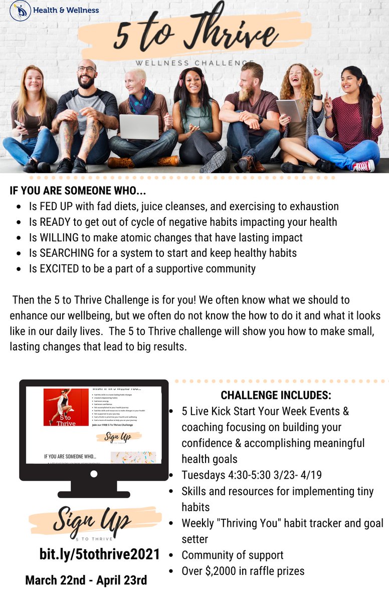 psdwellness's tweet photo. Coming March 22, 5 to Thrive Challenge!
Join us on a 5 week wellness journey, prizes included. Sign up before March 10th and get entered into a special raffle prize! https://t.co/f26gPWwH8o