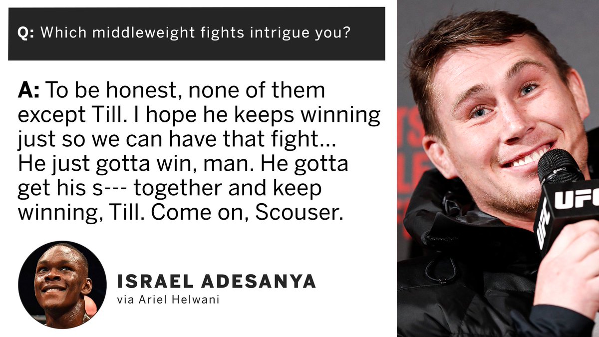 ESPN MMA's tweet - "Israel Adesanya hasn't given up on Darren Till as a potential opponent 👀 (via @arielhelwani) " - Trendsmap