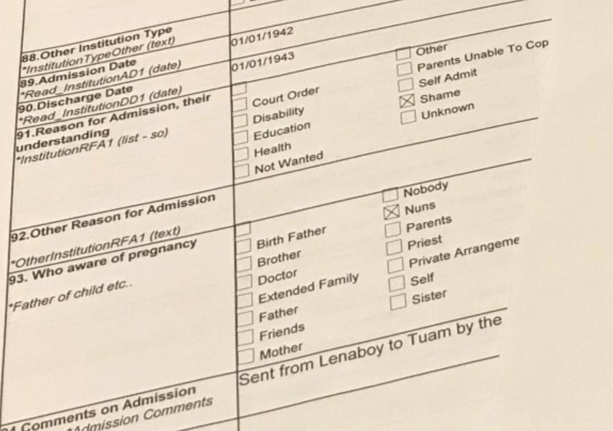CaelainnH's tweet photo. The Commission of Investigation made a list of reasons for admission to a #motherandbabyhome. A box for 'self admit' and 'shame'. No box for 'sent by nun', 'sent by priest', 'sent by social worker'. Then it concluded church and state never forced women into these institutions. https://t.co/ks7FFpBwLU