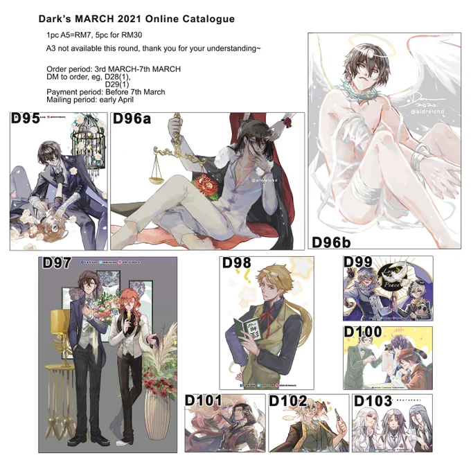 Part 3/10
Catalogue for Ikie Ani Mini Mart event!
Order period: 3rd-7th March 2021
Mailing period: early April

Retweets are much appreciated~thanks!

#ikieaniminimart #aldreichdxikieani #bsd #bungostraydogs #hetalia #persona3 #persona5 #lelouch #codegeass 
