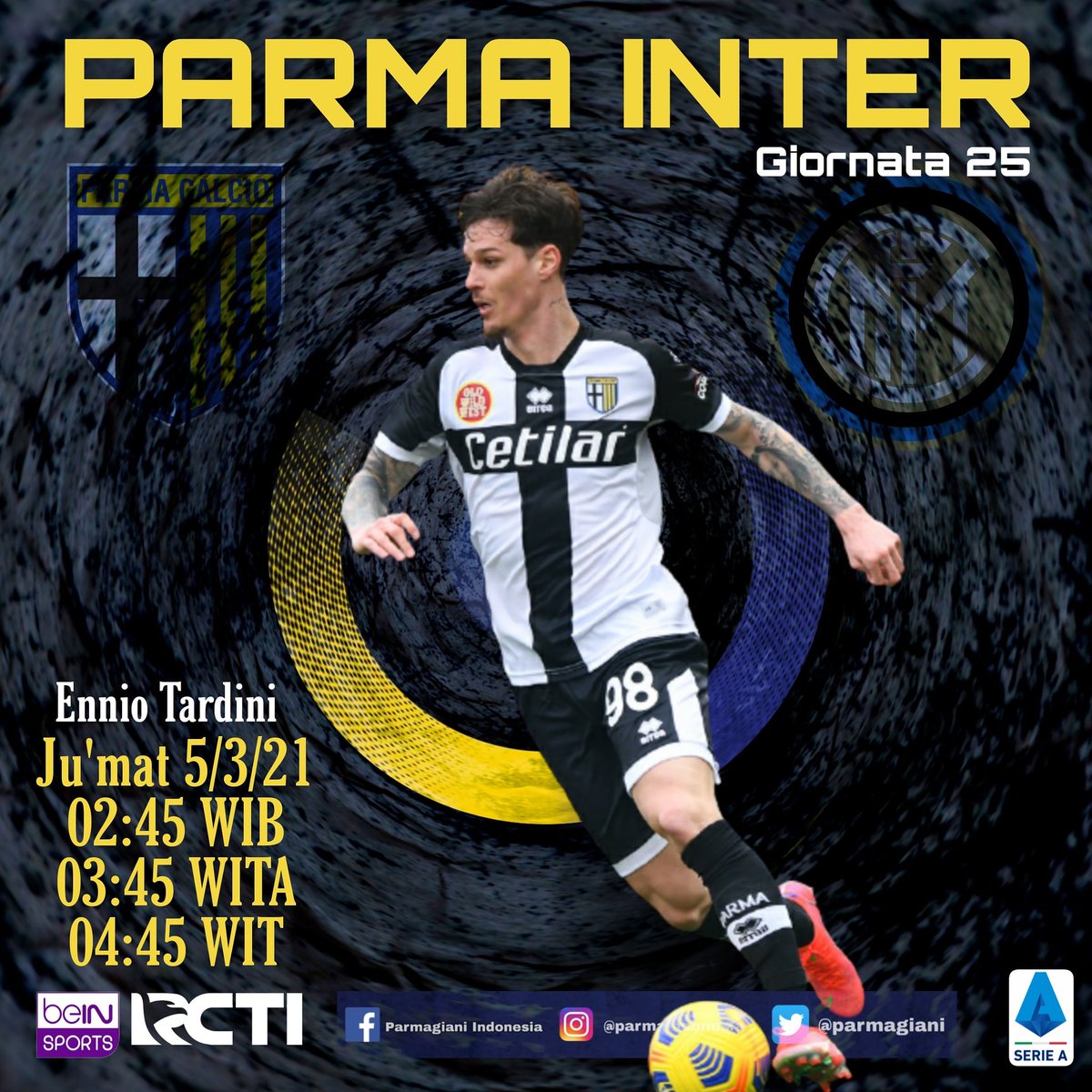 PARMAgiani's tweet photo. Giornata-25: PARMA Vs INTER💥

Misi Berat Lawan Inter!
https://t.co/x5SnitLJXv

🏆 #SerieATIM
🆚 #Parma Vs #Inter
📅 Jum'at 5 Maret 2021
🏟 Ennio Tardini
⏱️ 02:45 WIB - Live @RCTISports_ dan @beINSPORTSid 2

#ParmaInter 💛💙 #Giornata25 https://t.co/mcQ5SqKR6y