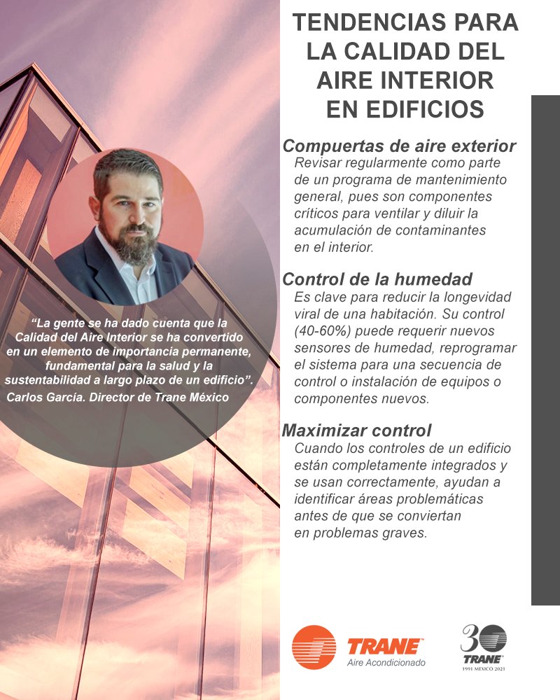 Pequeños cambios, grandes impactos. Conoce las tendencias para mejorar la #CalidadDelAire dentro de los edificios para esta temporada de calor. Contacta a un ejecutivo para equiparte con lo mejor. 55 2122 2300 #TraneContigo