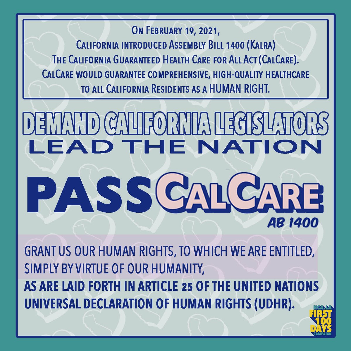 hc4us_org's tweet photo. Grant your constituents their rights simply by virtue of their humanity. Support #AB1400 the Guaranteed Health Care for All Act @AssemblyDems @CAgovernor @XavierBecerra #CALead #calcare #First100Days https://t.co/B9JsT9xSyN