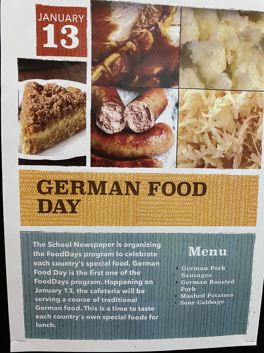 TLopukhin's tweet photo. Students take Action!  A group of 3 students decided we need to recognize the cultures of our community by having monthly theme meals.  So far we have had German, Chinese, Japanese days.  Thanks also to the Sodexo manager for working with our students to create meals. #pyp #aisgz https://t.co/MhsaibP4dQ