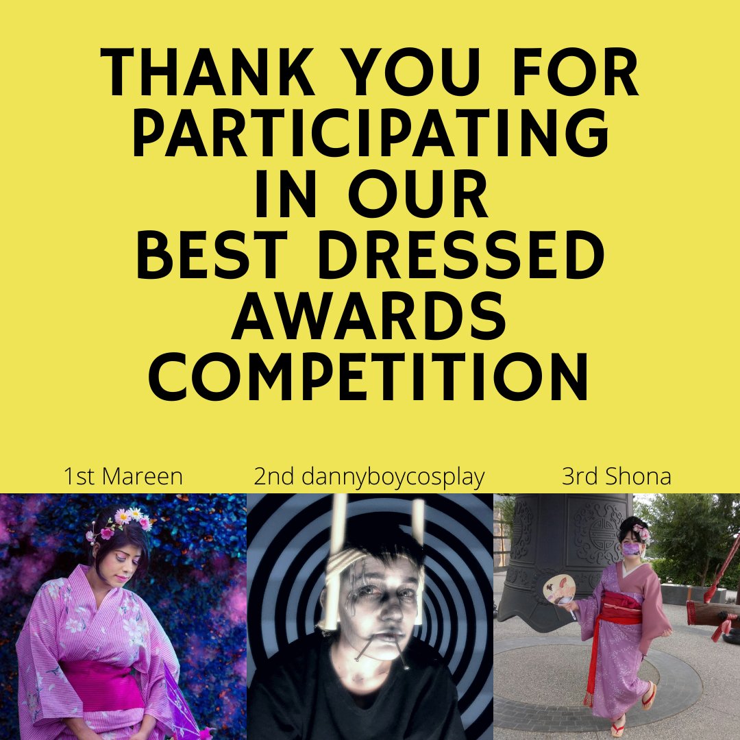 MelJPSummerFest's tweet photo. Congratulations to our Top 3 Winners of Best Dressed Award 2021!
1st Mareen
2nd dannyboycosplay
3rd Shona
Thank you to all the participated in our Best Dressed Award. Thank you! https://t.co/ASw538qvIz