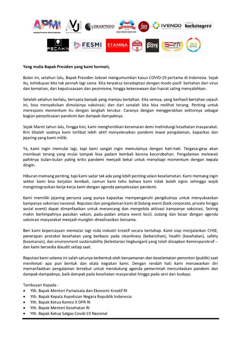 Dear Pak @Jokowi

#KamiKangenEvent #KamiKangenKonser #KamiKangenFestival #KamiInginBerkaryaKembali