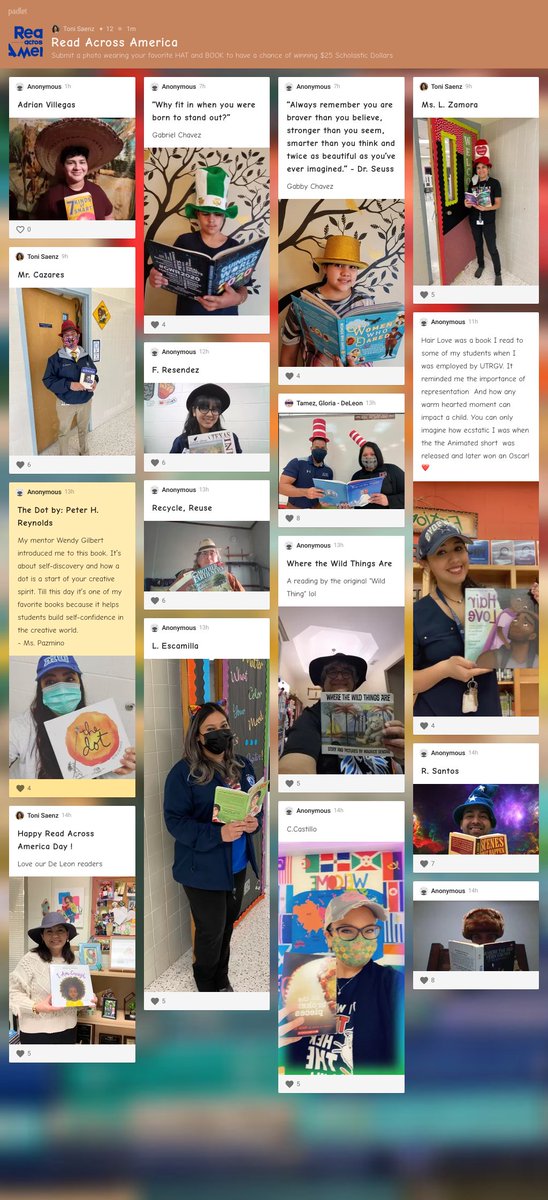 ToniGSaenz's tweet photo. Hats Off to Reading ! Love how some of our @deleon046 Lions shared their love of books and reading today, made my day ❤️ #ReadAcrossAmericaDay 📚 https://t.co/VXnhXQZWw6