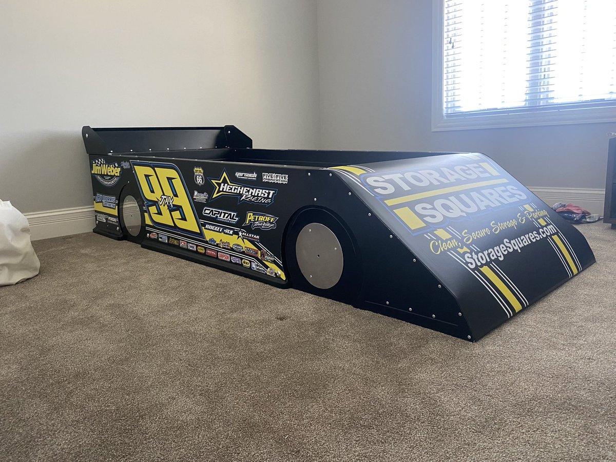 axle118's tweet photo. I got a phone call to build a race car bed for @FrankJr99 nephew Jax... in standard HRT style I may have went a little overboard. Has @FiveStarBodies md3 rocker panels @AllstarPerf modified spoiler cut down width wise. This was a fun one 🤘🏻#racebed001 https://t.co/bW0LRY1Lxc