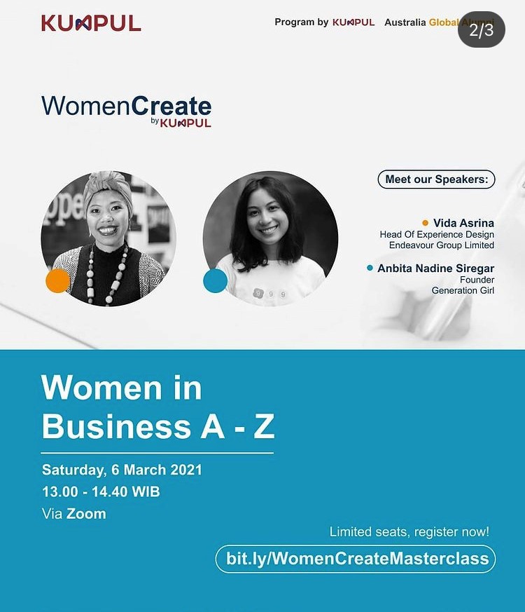 KonJenBali's tweet photo. I hope you can join the next #WomenCreate Masterclass on 6 March. Australia is a proud supporter of this series, helping to grow women led enterprises in Indonesia.  
https://t.co/F4gxa2KVHF https://t.co/N83mizC5AH