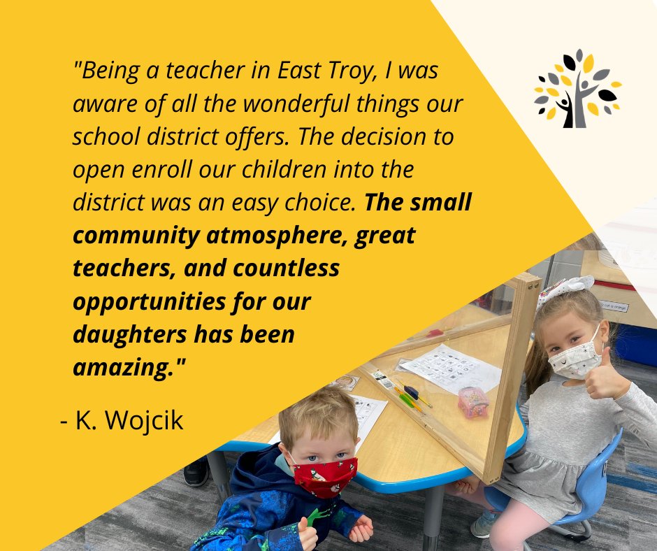 ETCSD's tweet photo. OPEN ENROLLMENT for all non-resident students 4K-12 is available now through April 30th, 2021. 👈👈

Why do families choose East Troy? Here is a testimonial from the Wojcik family! #TestimonialTuesday

https://t.co/nENpTmj7p1 

#ETlearningignitED #easttroy https://t.co/0Jn0zG38Cb