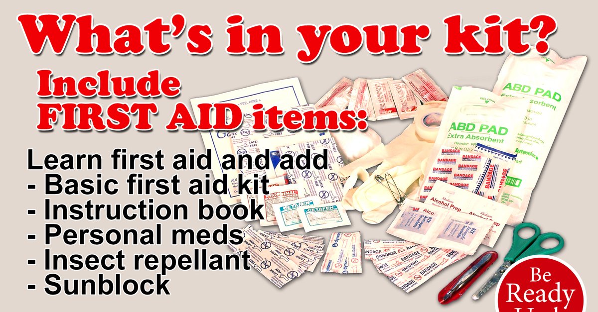 #Prepare a disaster supply kit: Include a basic first aid kit. Learn first aid and add a first aid instruction book, personal medications, insect repellant, and sunblock. Include all 12 areas of preparedness. #GetAKit with Be Ready #Utah here: ow.ly/Vaq230h5r69