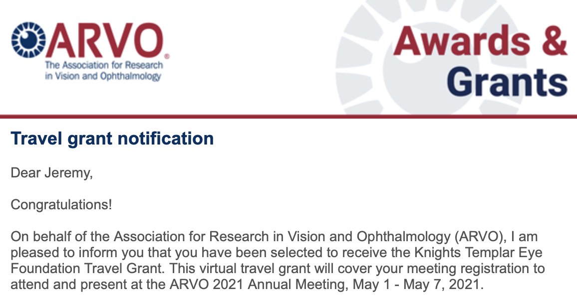JeremyReitinger's tweet photo. Thankful to receive a travel grant from the Knights Templar Eye Foundation/@ARVOinfo. Looking forward to presenting on how Timolol and Latanoprost compare in IOP response at #ARVO2021! 💧👁️💧 https://t.co/Mma1G9MQro