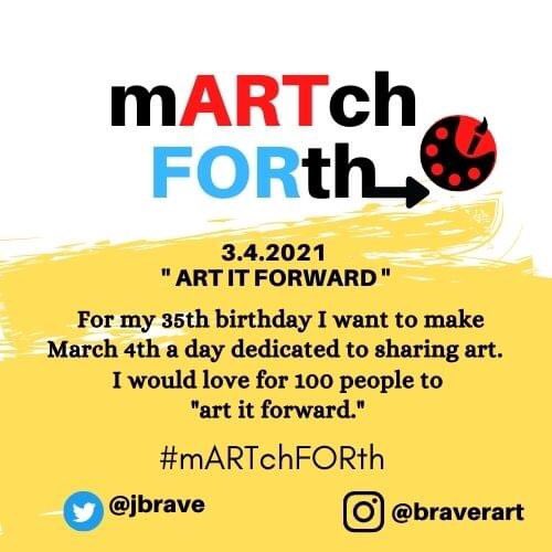 jbrave's tweet photo. Trying to start a big art sharing event for my birthday 3.4. Make art and art it forward! #mARTChFORth https://t.co/InHX7fMXYK