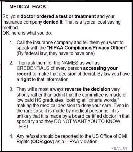 DotarSojat429's tweet photo. @drcarroll Under HIPAA if you are refused medication, tests or surgeries, you have the right to the names and credentials of the insurance board that made the refusals. 
Usually after the info is requested, the decision gets reversed. 
Refer to the meme. It works.

Good luck.
😷✌🏽 https://t.co/PWz04YeNny