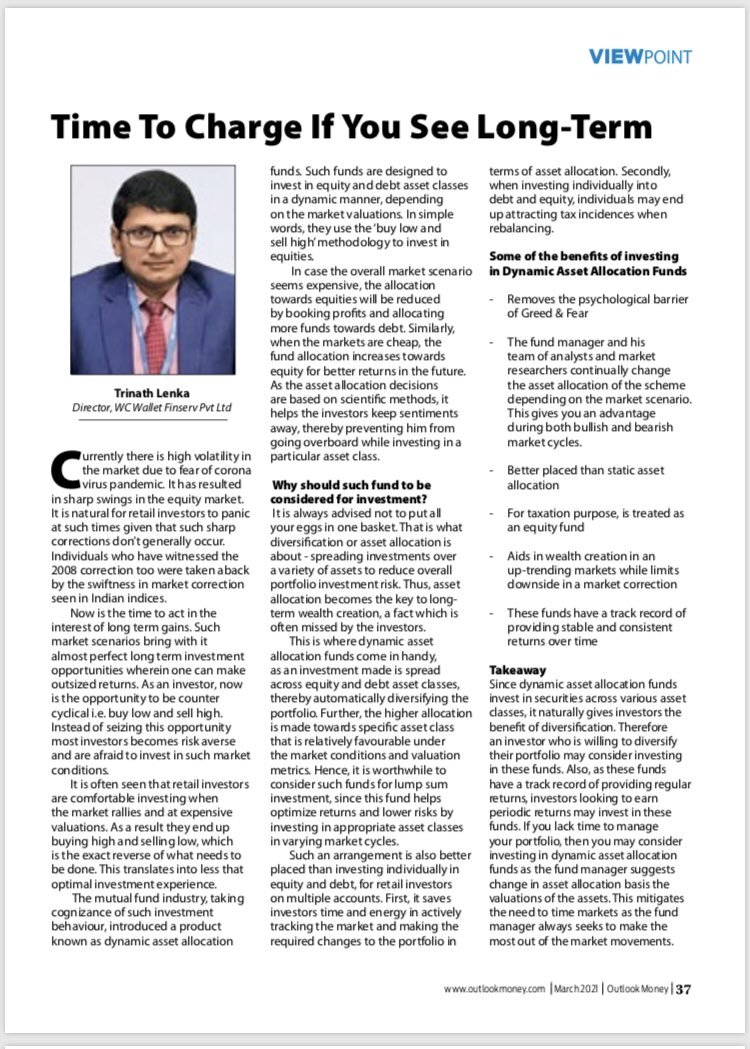 LenkaTrinath's tweet photo. Happy to share my article” Time to change if you see long-term “ published in Outlook MONEY March 21 which is one of India’s Most prestigious and valued Business Magazine. Thanks 🙏 Trinath Lenka . https://t.co/66FEzyQsbf