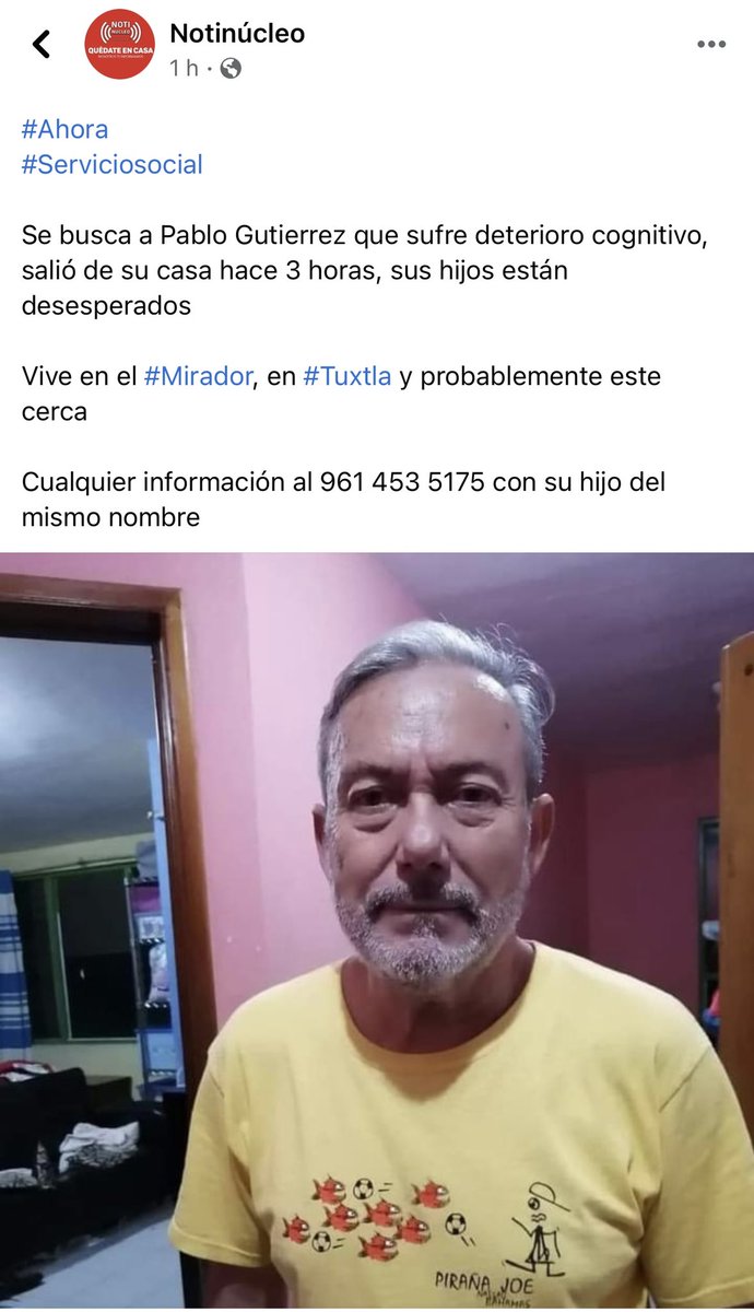 apontealcar's tweet photo. Si te llega este tweet y vives en Tuxtla te pedimos ayuda para encontrar a mi tío Pablo. https://t.co/b58WmG4vrd