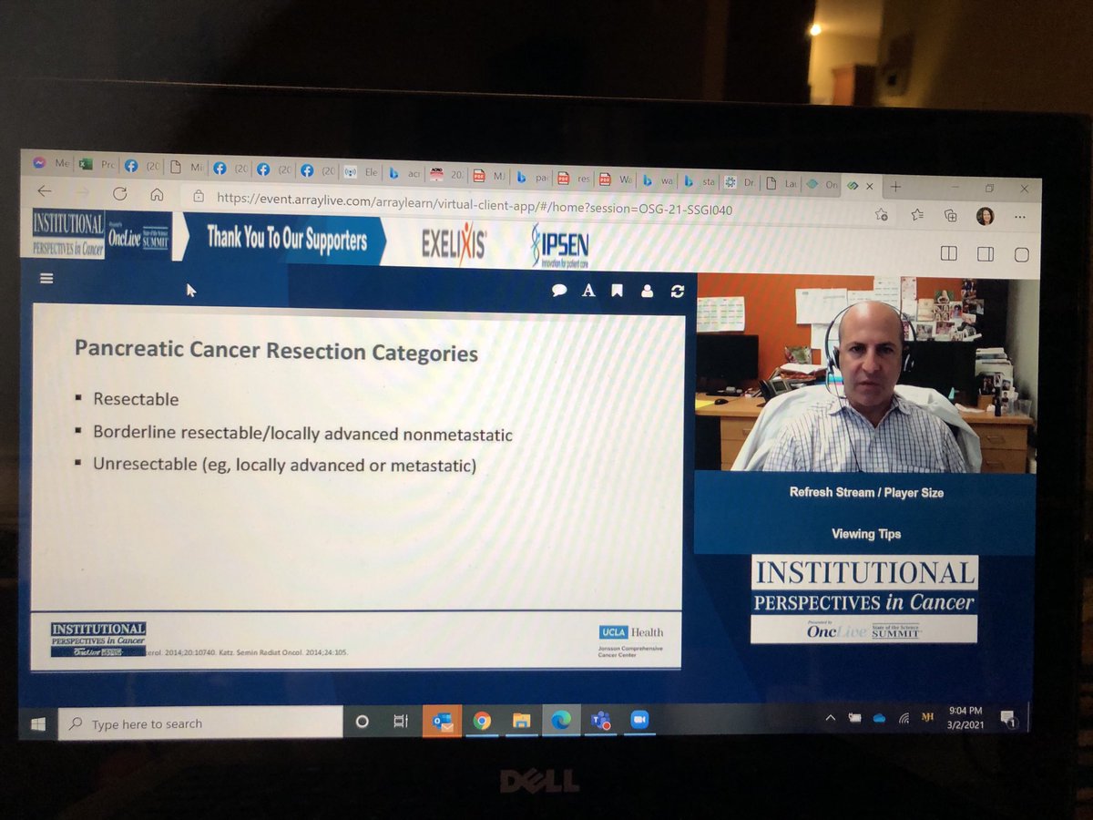 Categories of #pancreaticcancer include resectable, borderline resectable, and unresectable says Dr Zev Wainberg ⁦@OncLiveSOSS⁩ #ipc #gimalignancies ⁦@UCLAJCCC⁩ big trials ongoing are the NCT, Alliance, and PRODIGE.