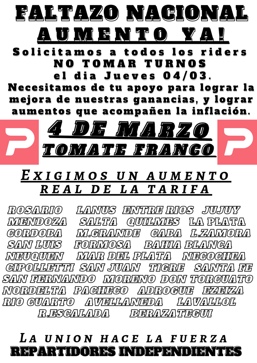 RedappsArg's tweet image. Este jueves 4 de marzo los riders de @pedidosya realizamos un FALTAZO NACIONAL!

Rechazamos el aumento ofrecido muy lejos de la inflacion. Y exigimos aumentos reales!

Aumento ya!
Mesas de dialogo
Basta de cuentas cerradas injustamente! 

#YONOREPARTO 
#Pedidosya
#EstanNerviosos