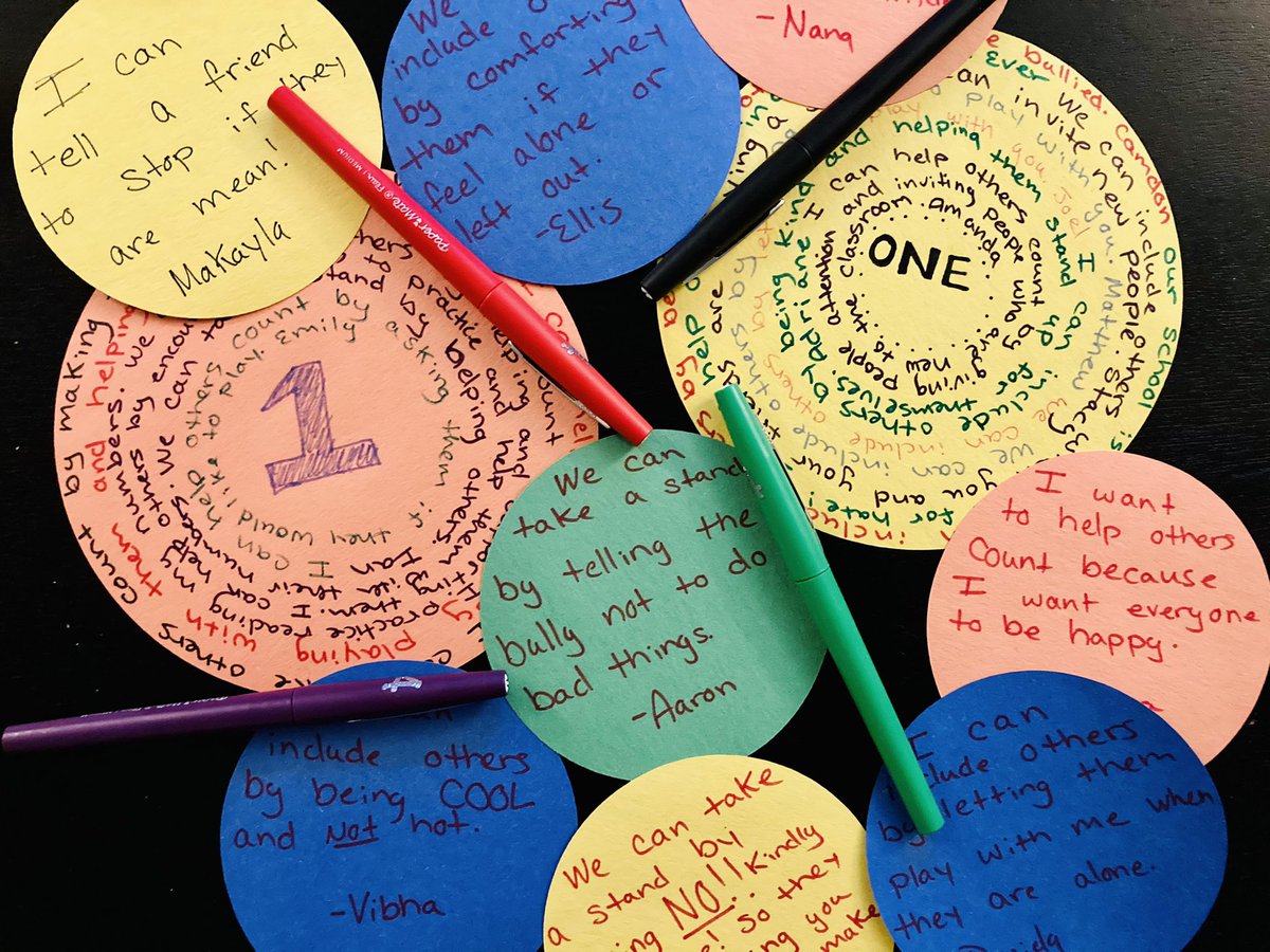 MrsAinVA's tweet photo. How could I not include my virtual class in the ONE activity! After reading the book I had my class write their statements in a @CanvasLMS discussion. I just wrote out all of their answers! 🌈 I teach the best kids. @CYESCounselor @ChrisYungES  I’ll drop them off later this week! https://t.co/uHBCmTzZec