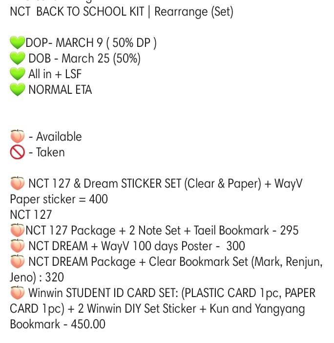 czennieeee's tweet photo. HELP RT 🤗
REMAINING TINGI
💚Mostly are secured just see the photo for info
⭕ SKZ : LOVE STAY
⭕ SVT : GOING MAGAZINE PC
⭕ NCT : Back to School Kit
⭕ NCT DREAM PHOTOBOOK 

- DOP : 3/9 
- ALL UNDER NORMAL ETA
kindly reply Mine + Item or dm https://t.co/pmxsp9u0ra