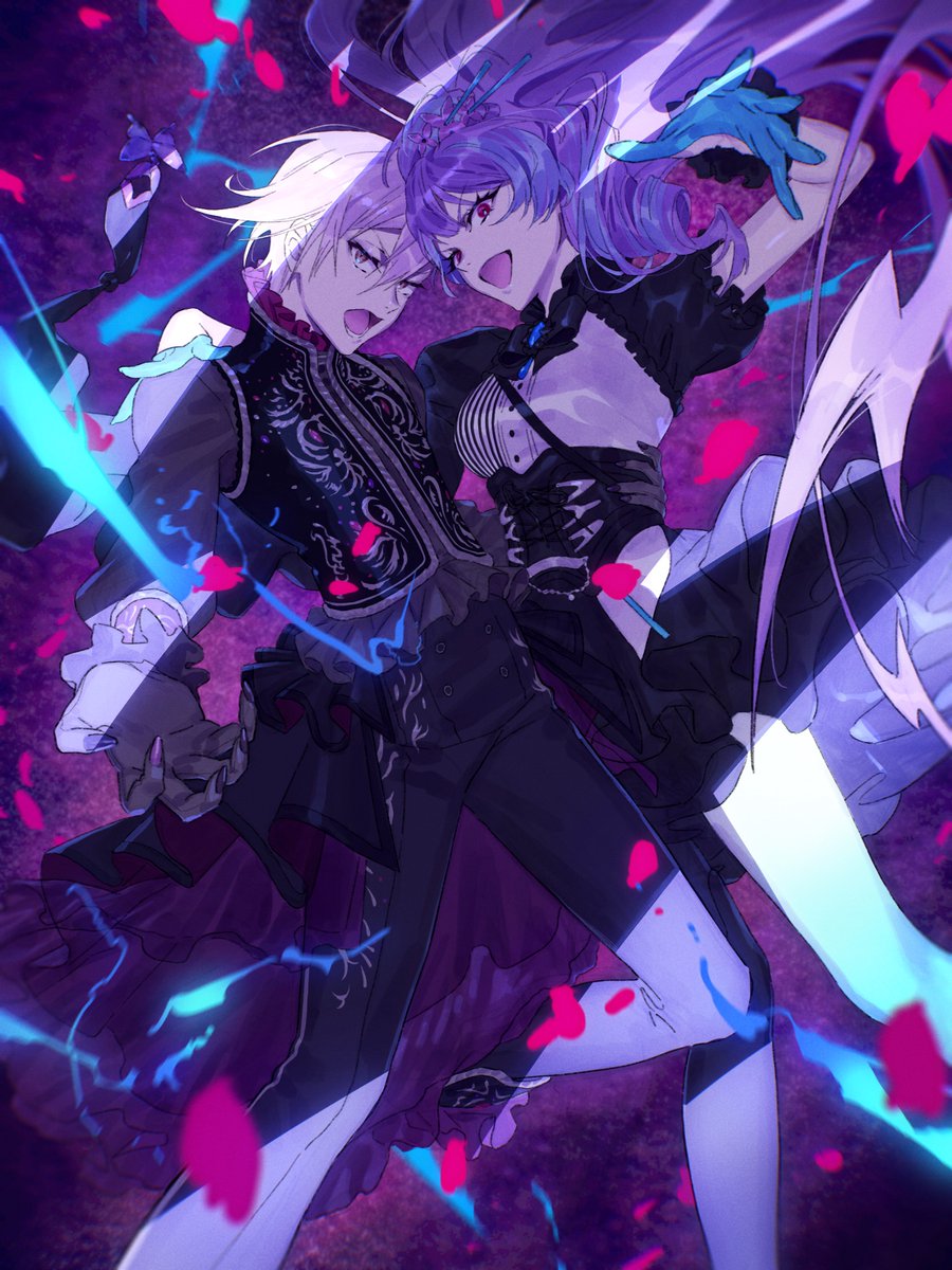 1girl 1boy purple hair red eyes long hair gloves open mouth  illustration images