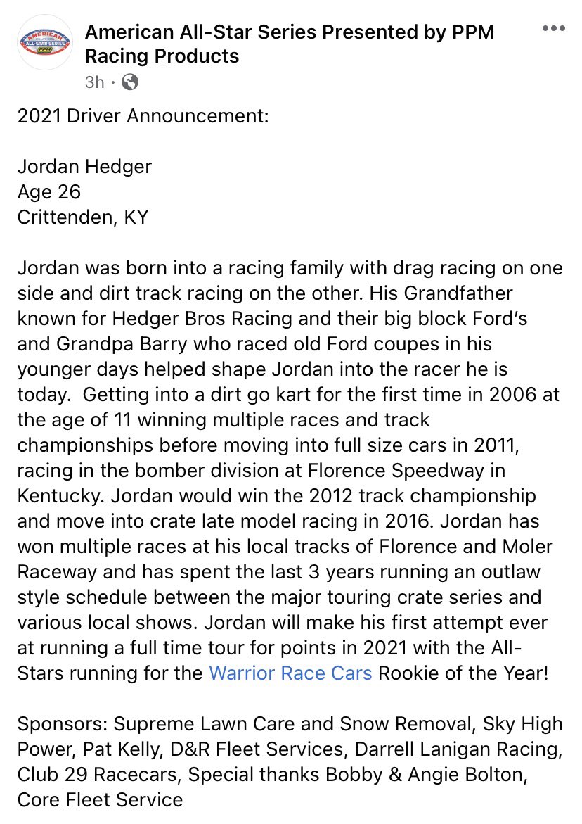 Hedger94's tweet photo. The word is out for our 2021 plans. We’re running for rookie of the year for the #AmericanAllStarSeries We have plenty of fierce competitors and new race tracks ahead of us, but we are ready for the challenge. #ROTY thank you to @LawnRemoval #skyhighpower #DRFleet #CoreFleet https://t.co/vIHvUeXZ6i