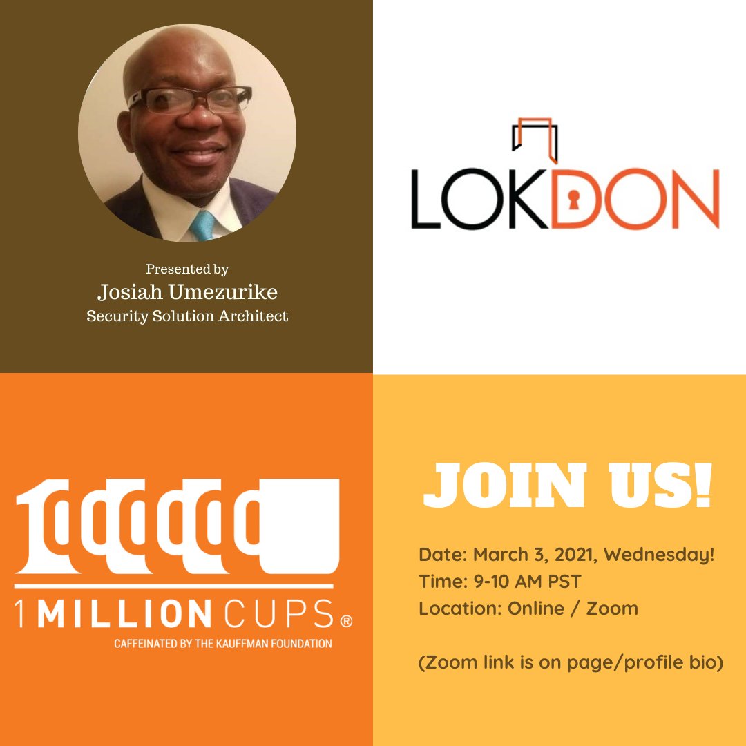 Join us for virtual 1 Million Cups San Diego.

Josiah brings us LokDon, protects online privacy, and secures information using a 2048 bits homo/polymorphic cryptographic tech.

Download Zoom and join us at 9AM PST Wednesday. 

Link in bio.

#1mcsd #1millioncups