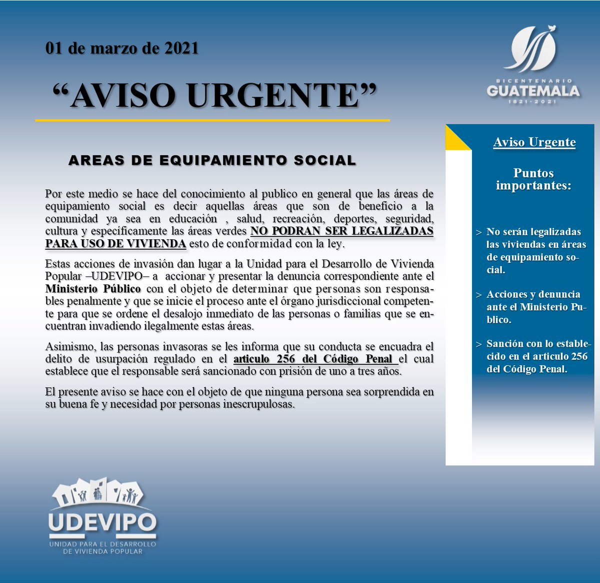 udevipo's tweet photo. ⚠️⚠️¡AVISO URGENTE! ⚠️⚠️ La Unidad Para el Desarrollo de Vivienda Popular - UDEVIPO- avisa a la población en general sobre Áreas de Equipamiento Social.
#ElCivNoSeDetiene 🚜 
#GuatemalaNoSeDetiene
#JuntosSaldremosAdelante
#COVID19 #ElVirusSigue 🦠
#NoTeConfíes #YoDenuncio https://t.co/A5LXuR1NUp