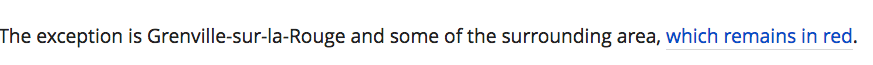 image is text that says The exception is Grenville-sur-la-Rouge and some of the surrounding area, which remains in red.