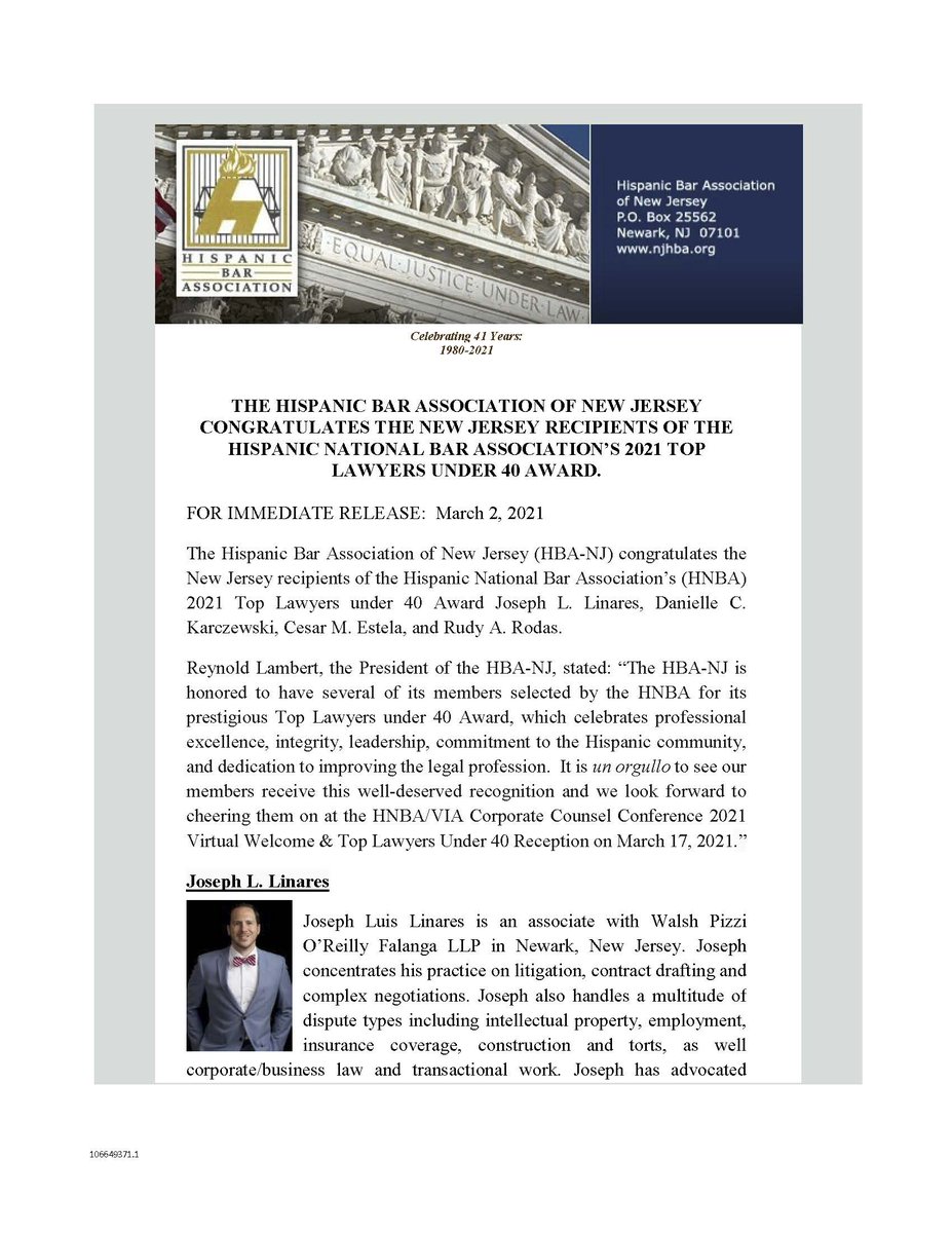 hbanewjersey's tweet photo. The Hispanic Bar Association of New Jersey congratulates the New Jersey recipients of the Hispanic National Bar Association’s 2021 Top Lawyers Under 40 Award. Read the attached press release to learn more about the recipients’ amazing accomplishments! #hbanj #40Under40 #hnba https://t.co/5kfAHM0ber