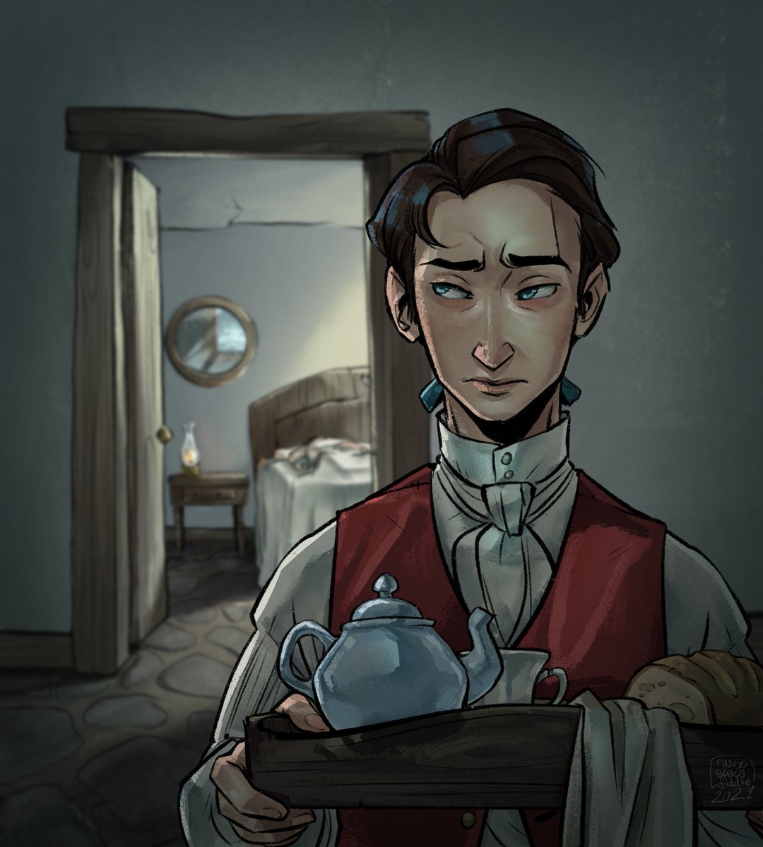 RustyFiddle's tweet image. This is Jim. Behind him is his dad. His dad is about to die of stress because he housed a trash pirate. Don’t be like Jim’s dad. Don’t house trash pirates. #art #treasureisland #jimhawkins