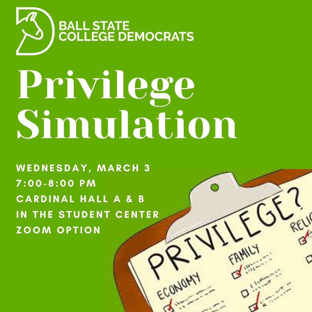 BallStateDems's tweet photo. In-person meeting this week!!!! We’ll be doing a privilege simulation which is an activity that helps us become more aware of the privileges we have. Zoom option available!

Also, help us raise money for Munie ARF (Muncie Animal Rescue Fund)!!! https://t.co/84rEXejmfn
