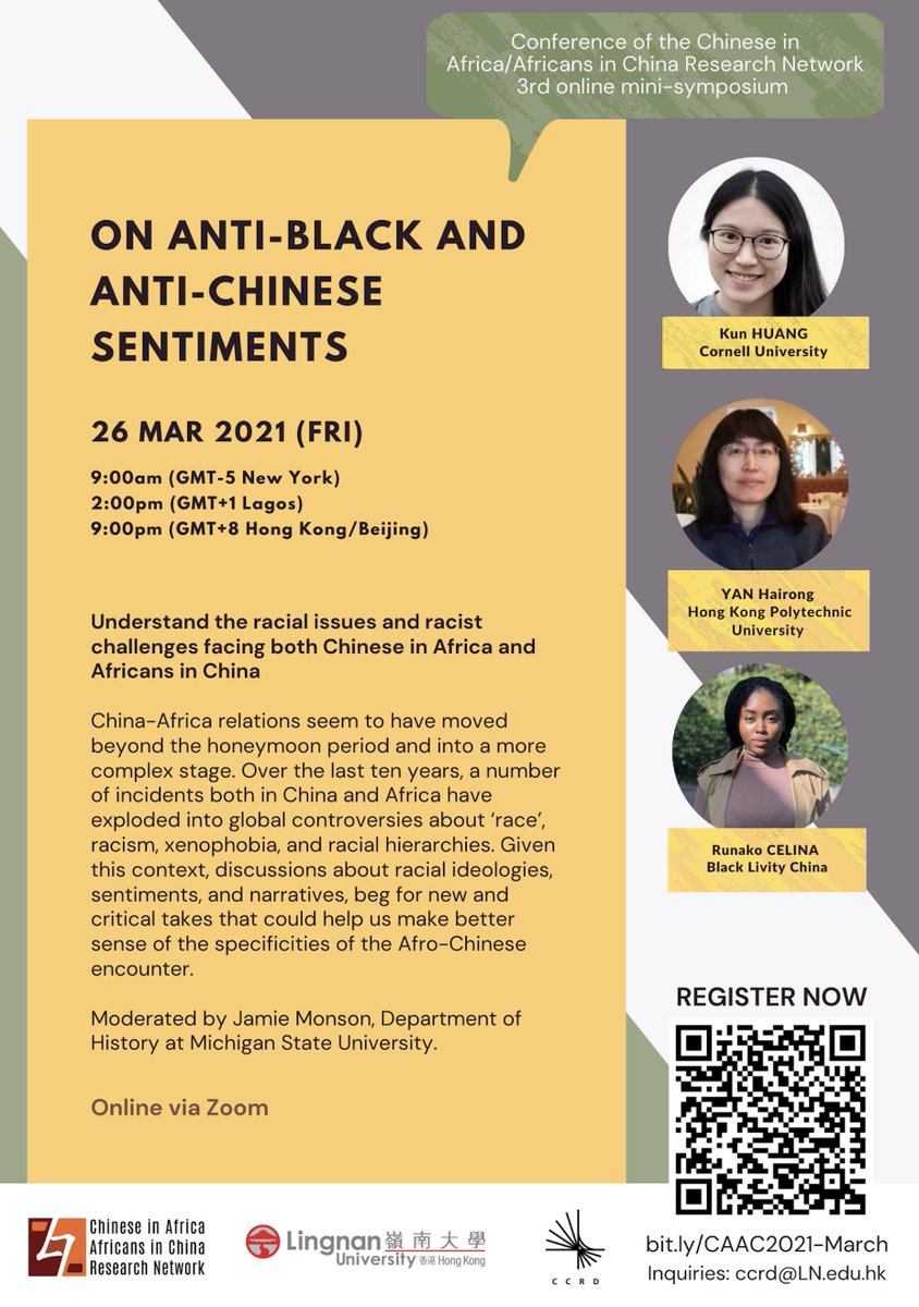 On Anti-Black and Anti-Chinese Sentiments

Chinese in Africa / Africans in China Research Network Conference 2021

3rd online mini-symposium #SinoAfrica 

Join @BlackLivityCN's Runako Celina, Kun Huang and Yan Hairong. Moderated by Jamie Monson

REGISTER: eventbrite.hk/e/on-anti-blac…
