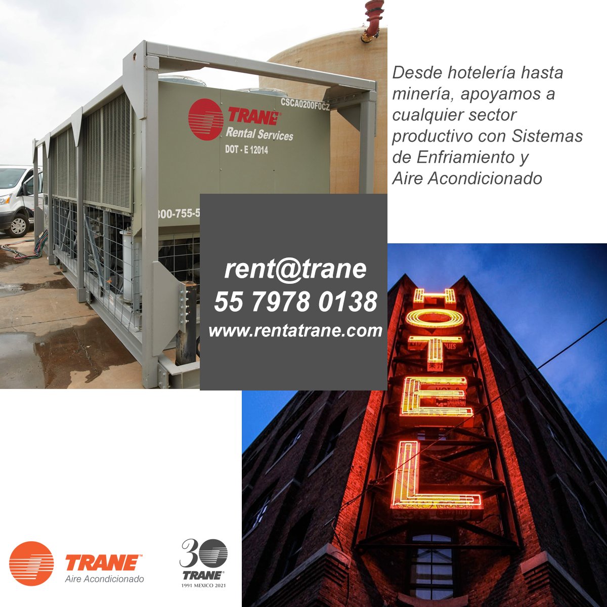 ¿A qué sector pertenece tu empresa? En Renta Trane respaldamos desde el sector hotelero hasta el minero con #SistemasDeEnfriamiento que optimicen su productividad. Contacta a un ejecutivo para ayudarte. bit.ly/WA-Trane #TraneContigo