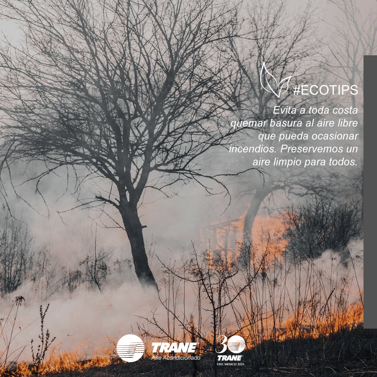 #Ecotips para preservar un aire limpio para todos. Con el calor también viene el aumento de la contaminación del aire provocado entre otras cosas, por la quema del pasto seco y sobre todo de basura al aire libre. Por favor, evita esta práctica. #TraneContigo