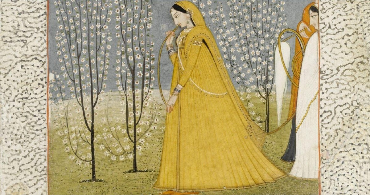 (Close-up) A Lady Smoking a Huqqa in a Field, amidst flowering trees, two maids stand behind her Opaque watercolour on paper Pahari School Siba State (now in Himachal Pradesh), c.1770-80 collections.vam.ac.uk/item/O432883/p… © Victoria and Albert Museum, London