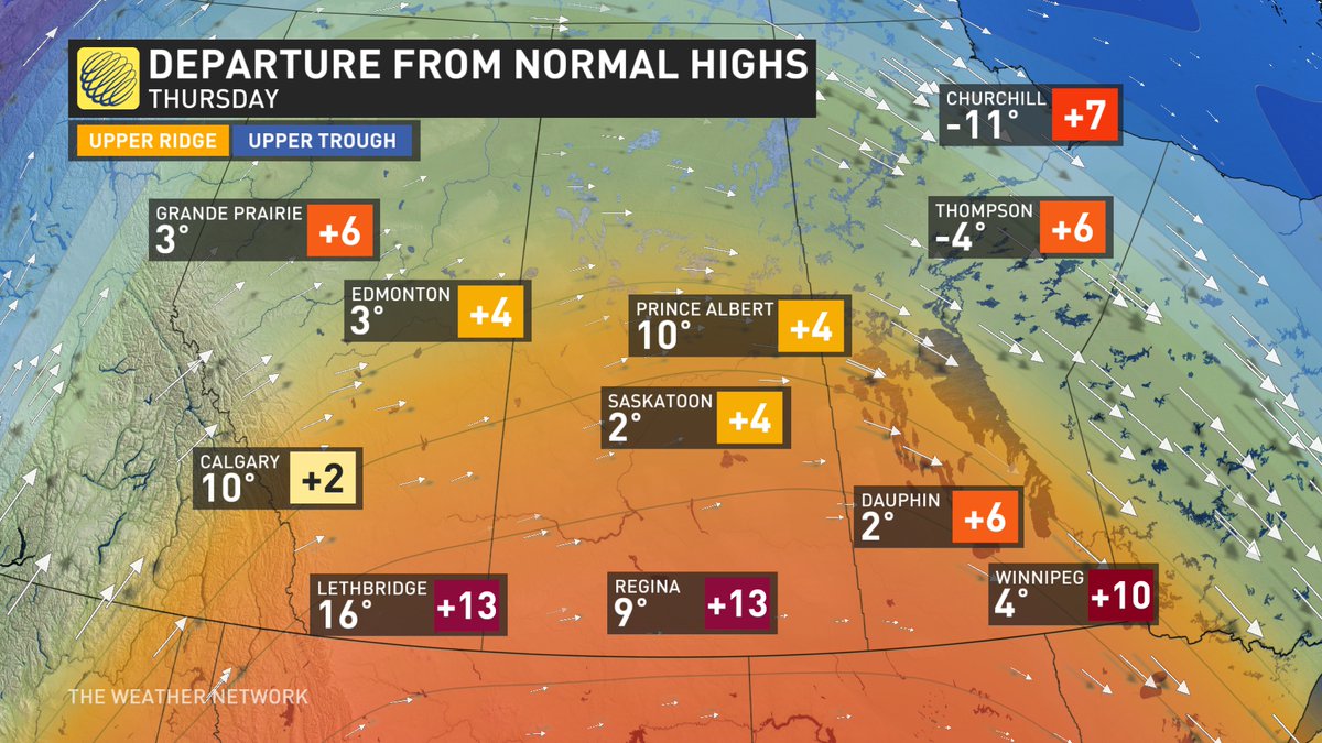 jwhittalClimate's tweet photo. Another day of SPRING-LIKE temps on the prairies Wednesday, but look at Thursday!! A little birdie told me that someone could even hit 20 C! Enjoy the warm pattern- after the FRIGID temps you had a few weeks back I'd say you deserve this! #prwarmth #abstorm #skstorm #mbstorm https://t.co/IFgctEWImq
