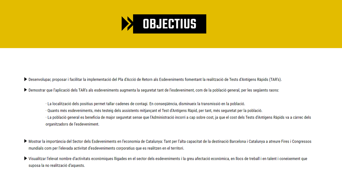 Ahir vam fer públic un manifest en el qual defensem un pla d'acció perquè tornin els esdeveniments presencials i ho facin d'una forma segura. Aquests són els objectius principals del manifest.

Us hi podeu adherir a backtoevents.org/firma/

#miceindustry #eventprofs