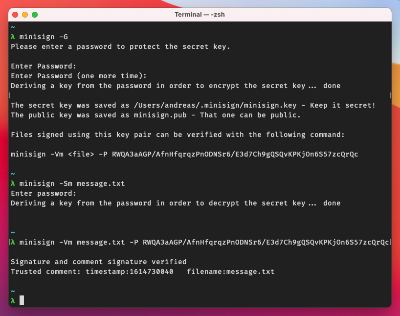 _aead_'s tweet photo. Finally, spent some time to "finish" my n-th side-project. 

minisign in Go - CLI compatible to @jedisct1 original C implementation and Go package for signing files / verifying signatures.

https://t.co/pS9YwyXg2u https://t.co/AOPyc2XRMh