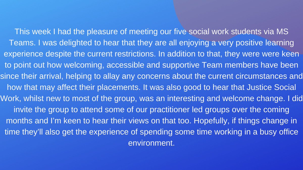 Today we will shine a light on our 5 #Socialworkstudents to give an update on how they are finding their #placements within #Fife #CriminalJustice so far. Our Service Manager recently took some time out to meet with them - here are a few words from him....(Part 2 to follow).
