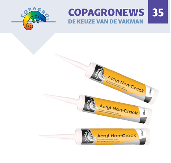 Volumedeal op Copagro Acryl Non-Crack 310ml wit: Per doos € 21,95 en per 4 dozen: € 19,96 / doos! Meer details in Copagronews 35, acties geldig van 22/02 t.e.m. 23/04/21.  p1e.nl/_2_Z