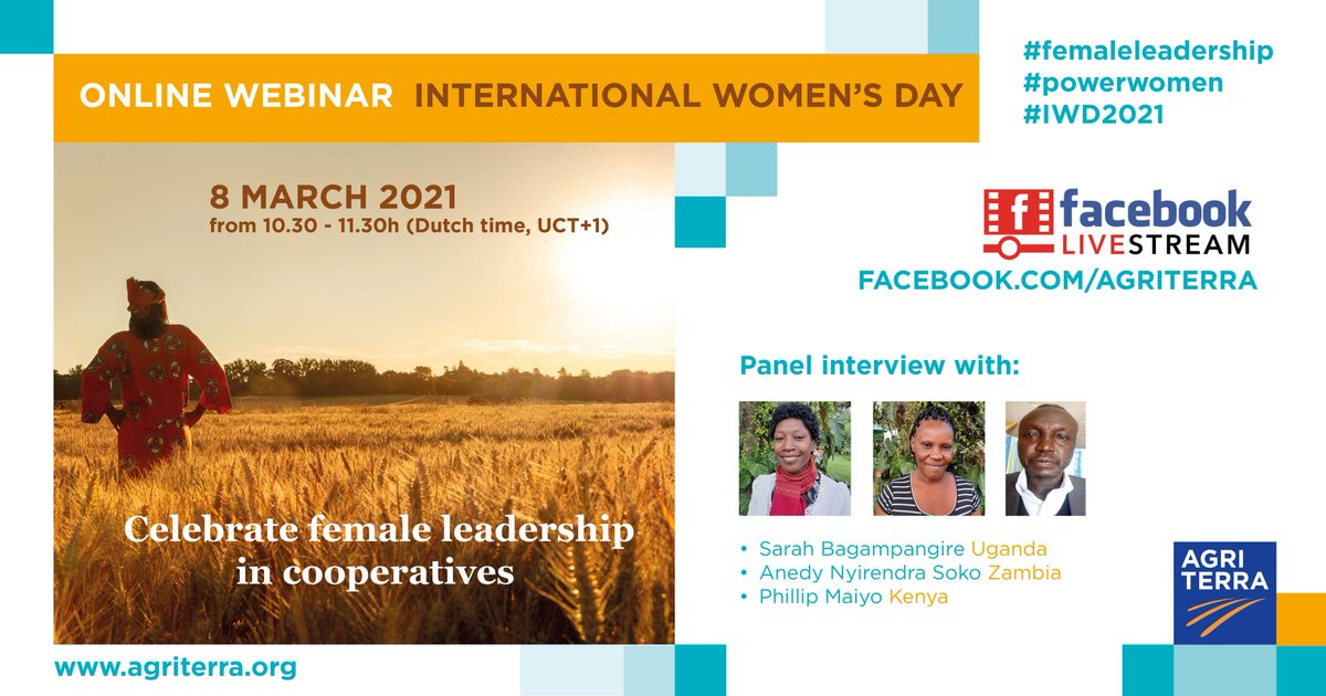 Monday 8 March: International Women's Day #IWD2021
👉Visit our Online Webinar about 'Celebrating female leadership in cooperatives' via Facebook.com/Agriterra Livestream!