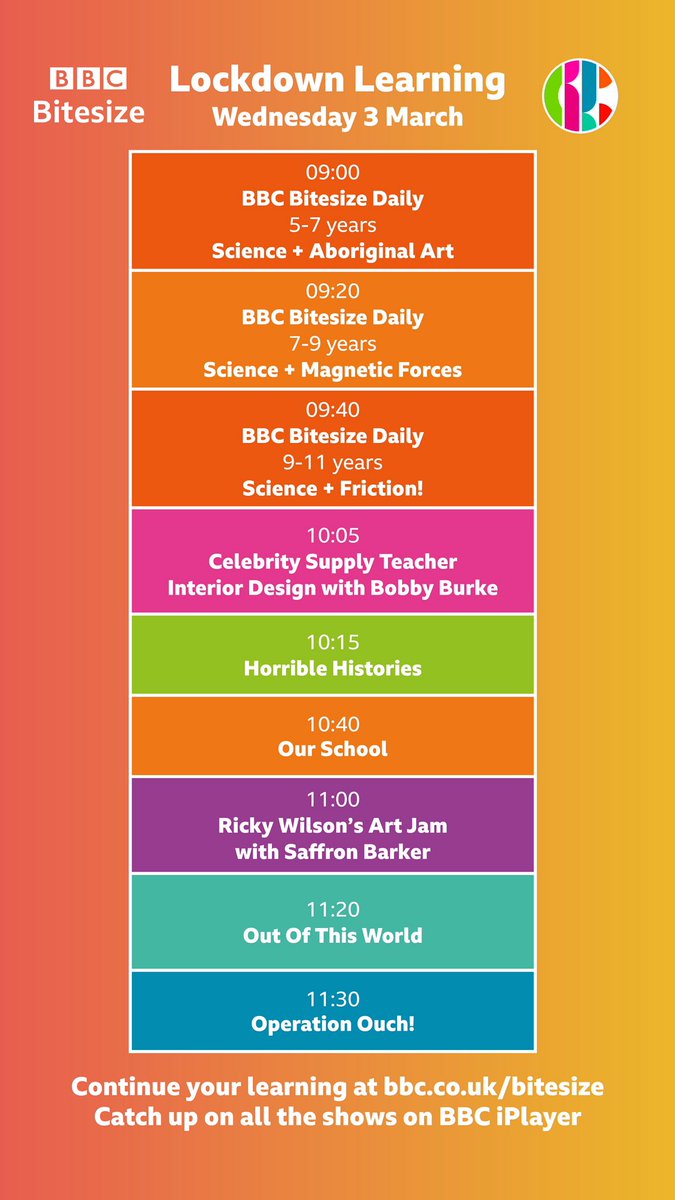 cbbc's tweet image. Another day of #LockdownLearning on @cbbc with @bbcbitesize followed by #CelebritySupplyTeacher, #HorribleHistories, #Ourschool, #RickyWilsonArtJam, #Outofthisworld and #OperationOuch!