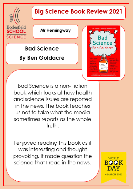 EccoSci's tweet photo. Day 5 of our countdown to #WorldBookDay in science 
@OfficialEcco today we have Mr Darby and Mr Hemingway sharing a book about "bad science" and a chemistry based autobiography 📚🧬🧪 https://t.co/UnXYjWZZ15