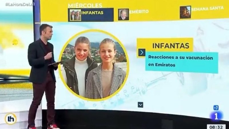 Otro “error” en TVE al hablar de la Casa Real. Hablan de las Infantas Elena y Cristina y su vacunación en Abu Dabi con una imagen de fondo de la Princesa Leonor y su hermana. 

Hace unas semanas el rótulo y ahora esto...

No puede ser algo espontáneo.