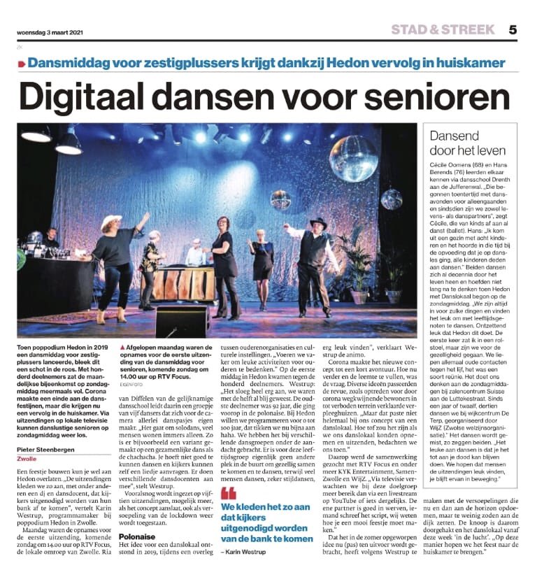 Danslokaal voor TV  📺 zondag 7 maart 14.00 uur. De eerste aflevering DISCO op <a href="/rtvfocuszwolle/">RTV Focus Zwolle</a>. Presentatie Gina Maria 

Enorm trots op ons team SamenOuderen
@WijZ Welzijn Zwolle |  <a href="/Hedon/">Hedon</a> Zwolle | <a href="/SamenZwolle/">SamenZwolle</a> | KYK entertainment 

#goudvooroud #danslokaal #zwolle #tv #dansen