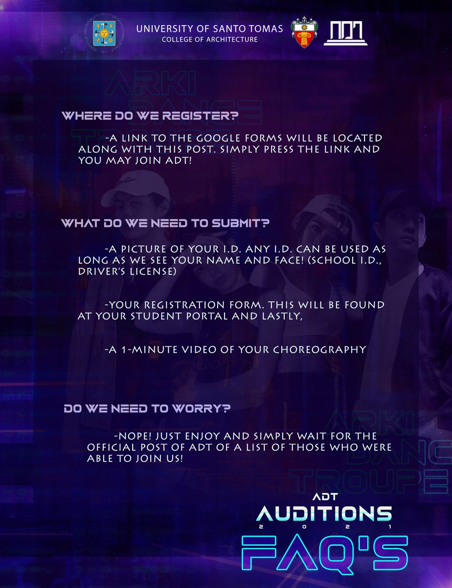 ustarkidt's tweet photo. Here are some answers to the frequently asked questions about the auditions!

Goodluck!

Membership link: https://t.co/5pZdzc0XZO

Poster by: Anne Manliclic
Caption by : Robie Evora

#AreYouReadyPlayers
#ChooseYourTeam
#ArkiDanceTroupe https://t.co/FSMNdO1FF9