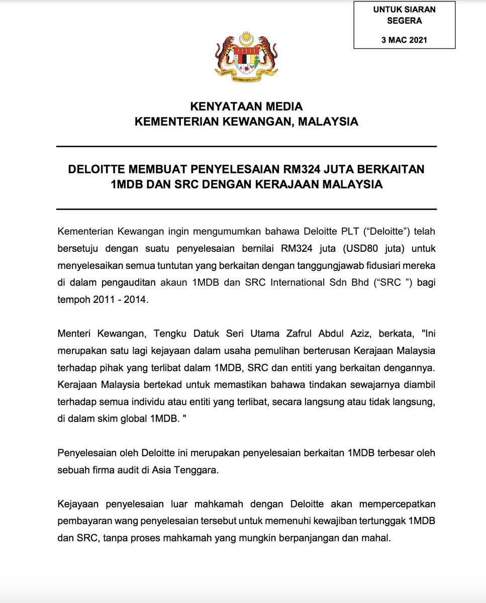 bernamadotcom's tweet photo. Deloitte PLT has agreed to a RM324 million settlement to resolve all claims related to their fiduciary duty on auditing the accounts of 1MDB and SRC International Sdn Bhd for the period 2011 - 2014 - @MOFmalaysia https://t.co/vyeo9qey8I