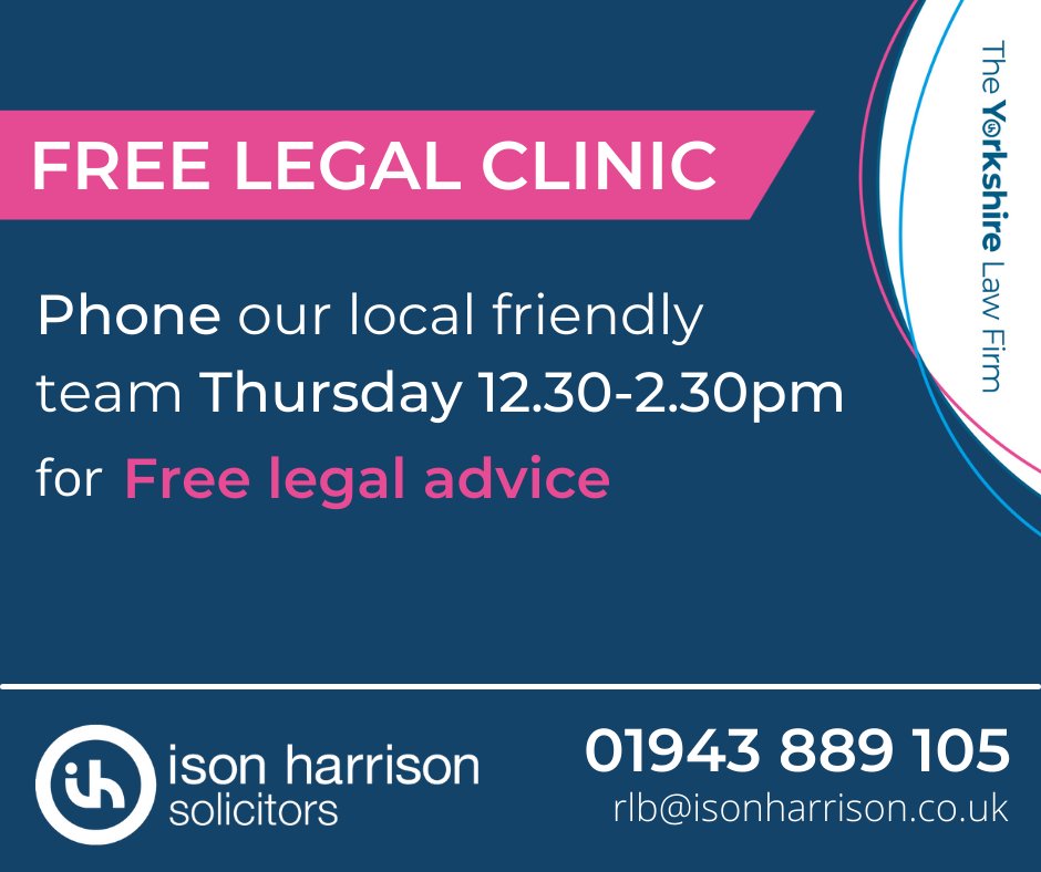 IsonHarrison's tweet photo. *New Legal Clinics*

Due to popular demand we are launching new legal clinics at our #Otley, #Ilkley &amp; #Guiseley branches from this Thursday 4th March.

All clinics are conducted over the phone currently - pls call 01943 889105 for free advice

@OtleyChamber @OtleyBID @IlkleyChat https://t.co/fZFxnF03hu